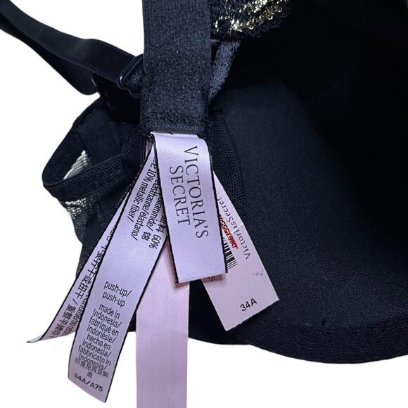 Victoria's Secret Push-Up Black Gold Glitter Lattice Bra Size 34A - Picture 3 of 3